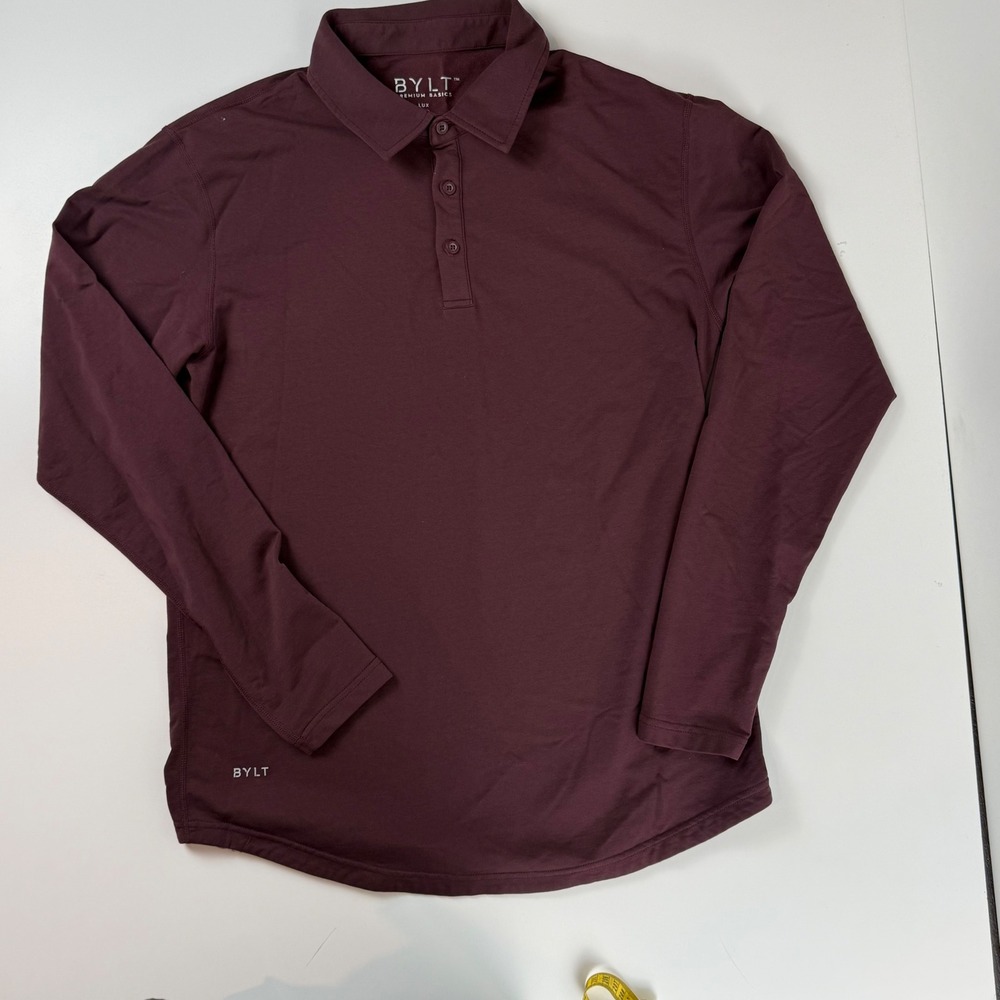 BYLT Premium Basics Lux Long Sleeve Polo Shirt Mens Medium Burgundy Maroon